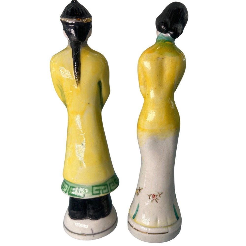 Vintage Made in Occupied Japan Porcelain Asian Figurine Pair Yellow Green 7.5" - Picture 2 of 8